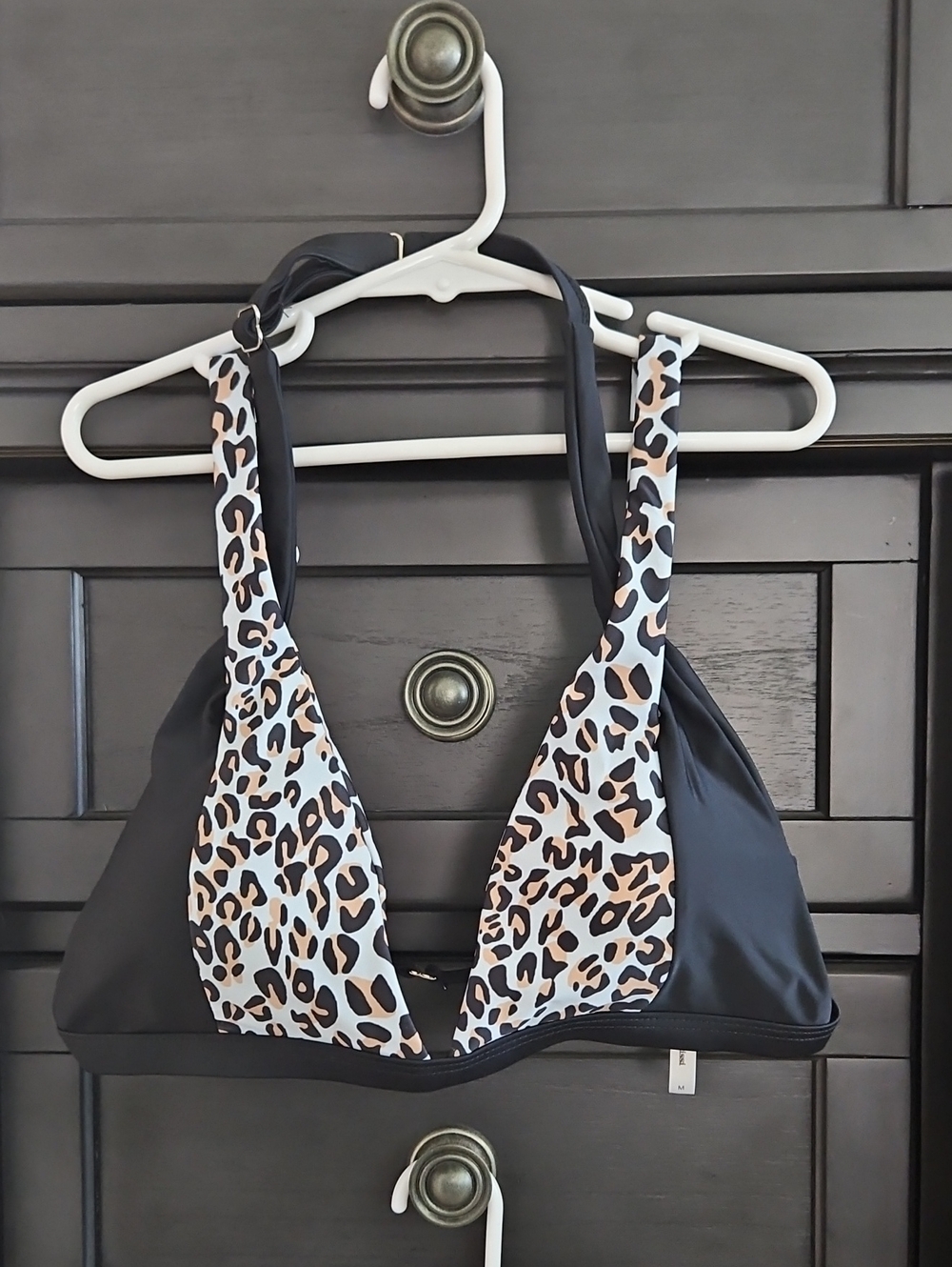 Leopard Print Triangle Bikini Top - Black and Tan